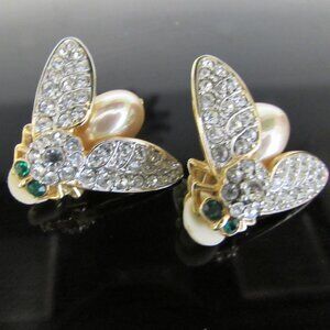 Vintage Pave Rhinestone Cabochon Pearls Moth Clip On Earrings 1.5"